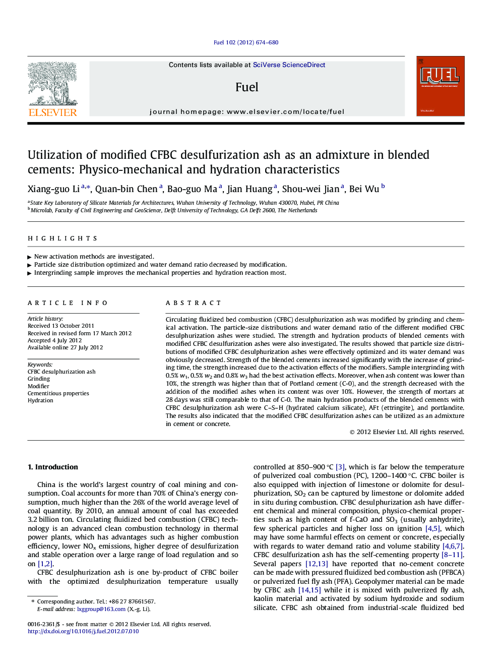 Utilization of modified CFBC desulfurization ash as an admixture in blended cements: Physico-mechanical and hydration characteristics