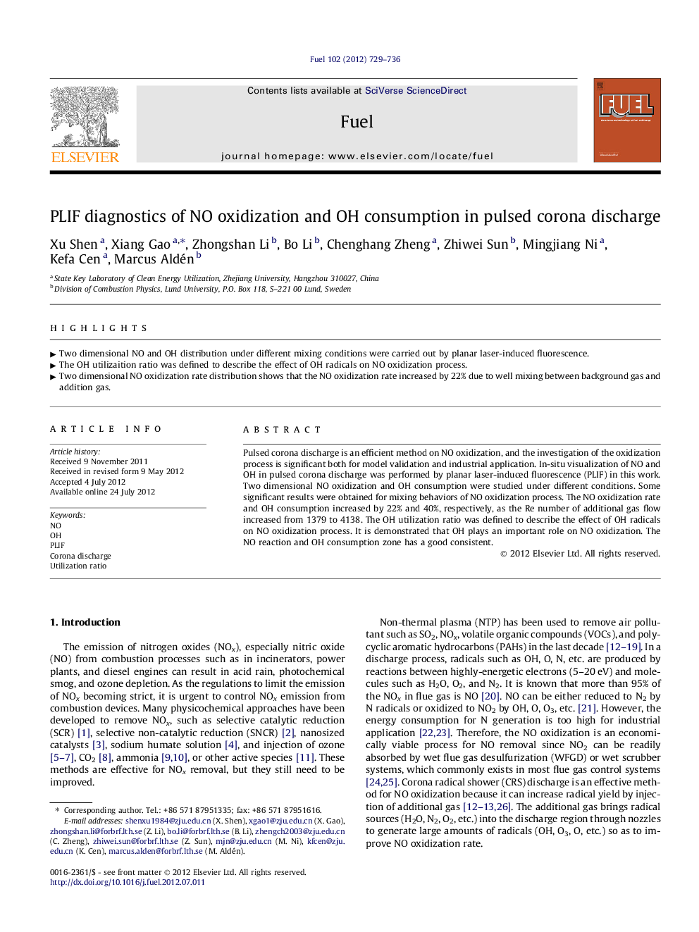 PLIF diagnostics of NO oxidization and OH consumption in pulsed corona discharge