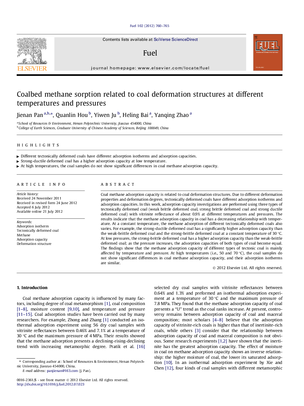 Coalbed methane sorption related to coal deformation structures at different temperatures and pressures