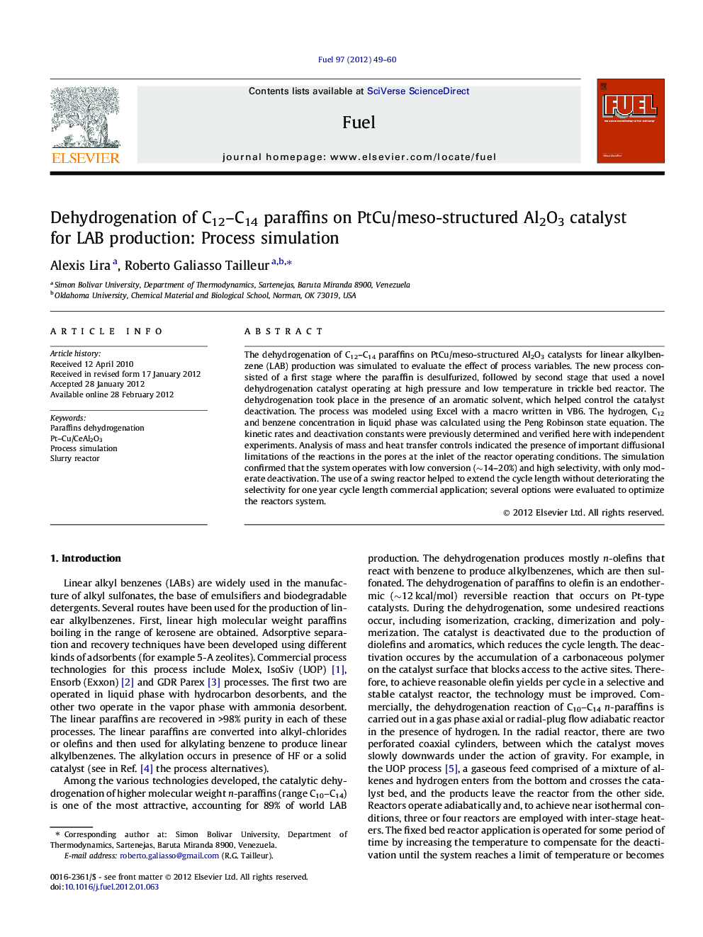 Dehydrogenation of C12-C14 paraffins on PtCu/meso-structured Al2O3 catalyst for LAB production: Process simulation