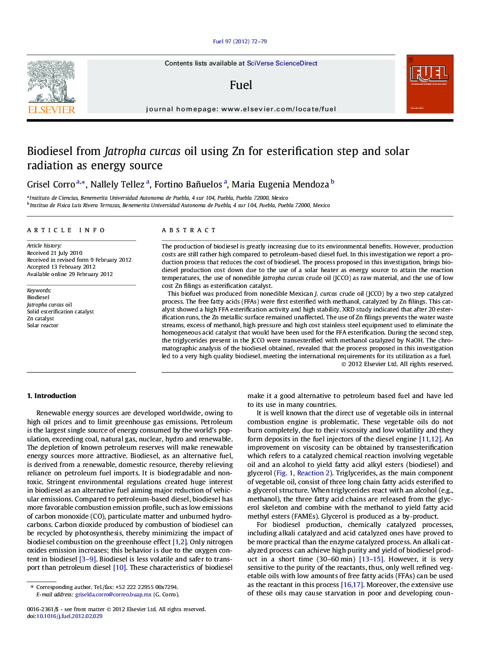 Biodiesel from Jatropha curcas oil using Zn for esterification step and solar radiation as energy source