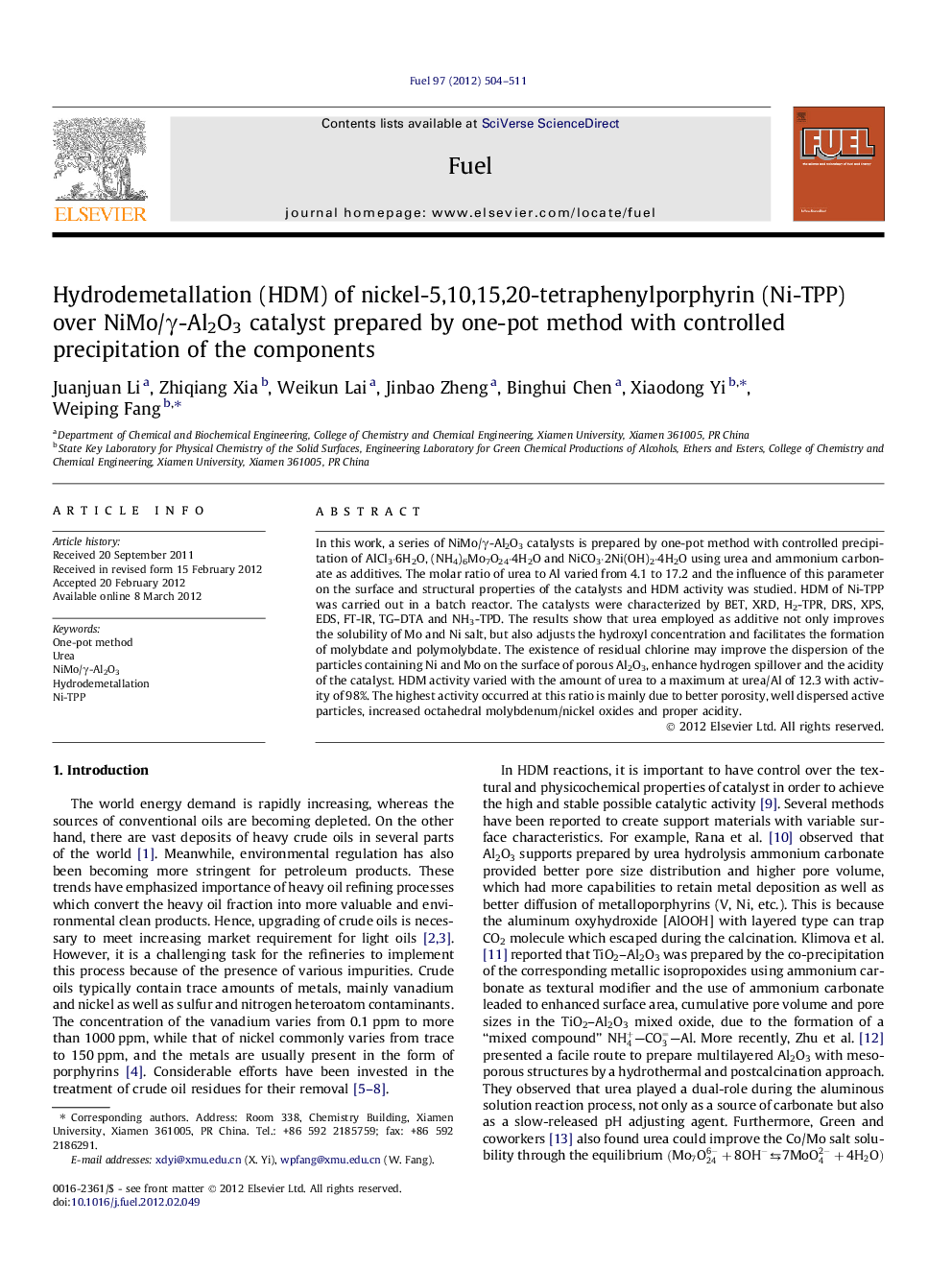 Hydrodemetallation (HDM) of nickel-5,10,15,20-tetraphenylporphyrin (Ni-TPP) over NiMo/Î³-Al2O3 catalyst prepared by one-pot method with controlled precipitation of the components