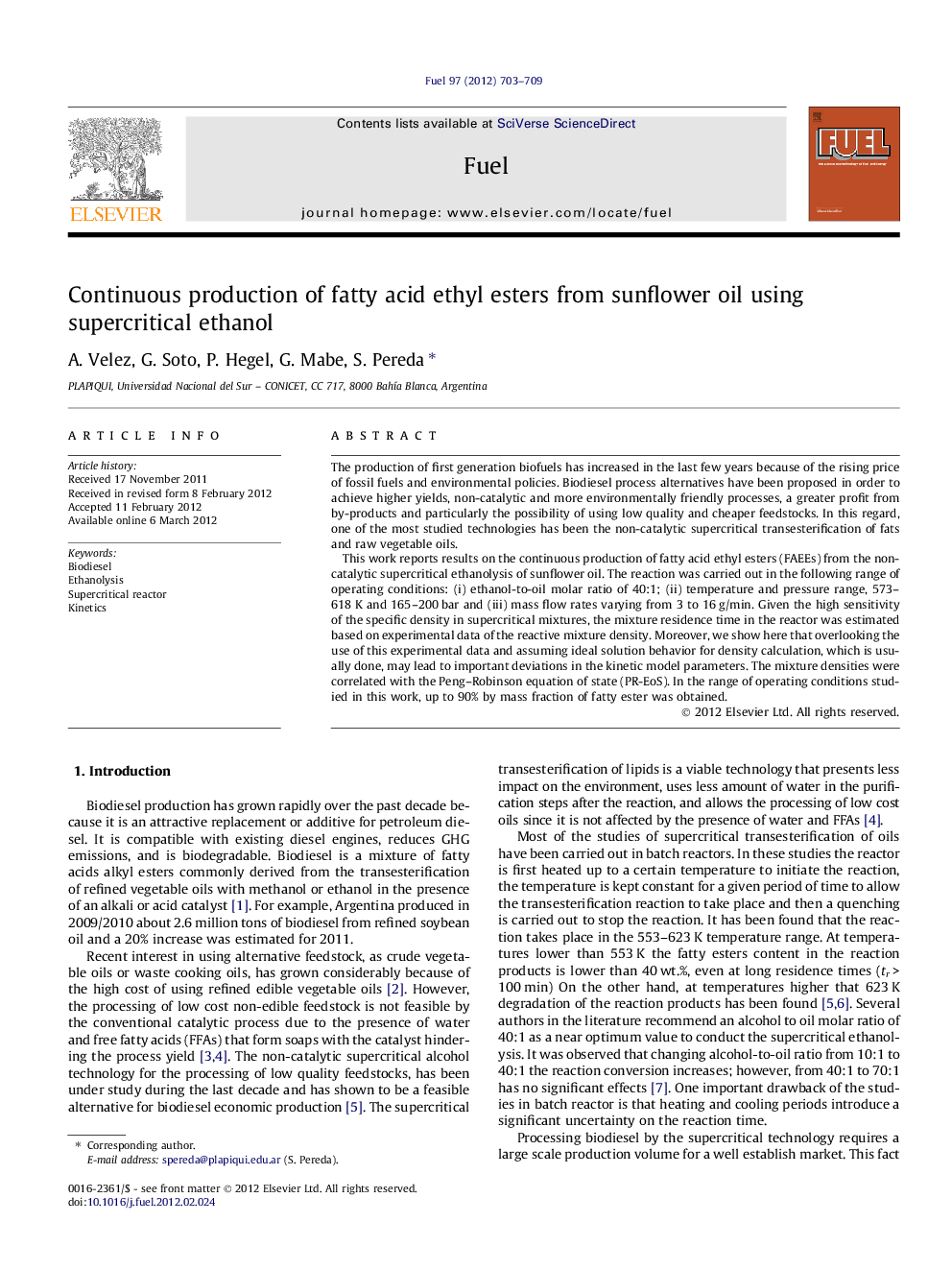 Continuous production of fatty acid ethyl esters from sunflower oil using supercritical ethanol