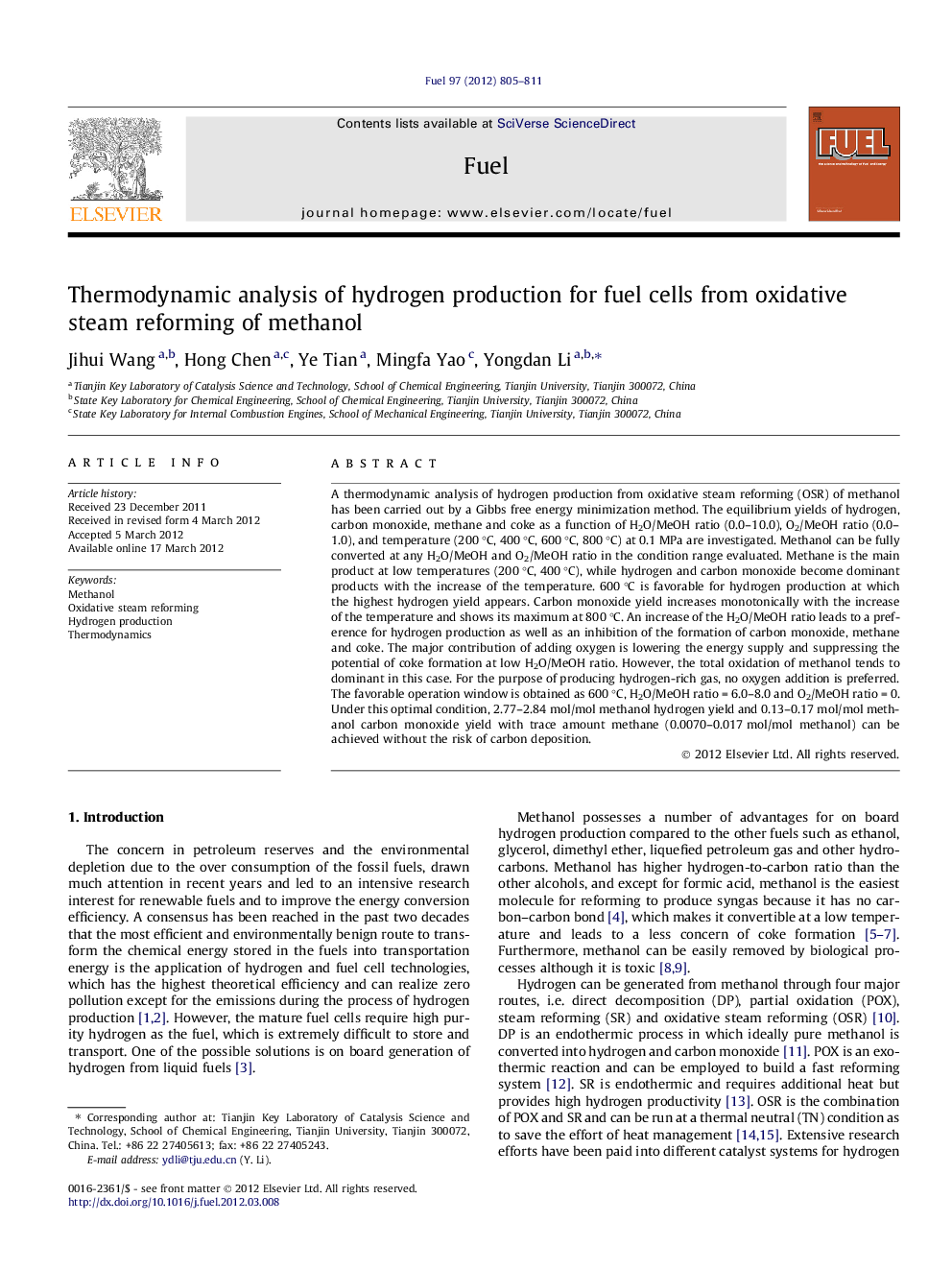 Thermodynamic analysis of hydrogen production for fuel cells from oxidative steam reforming of methanol