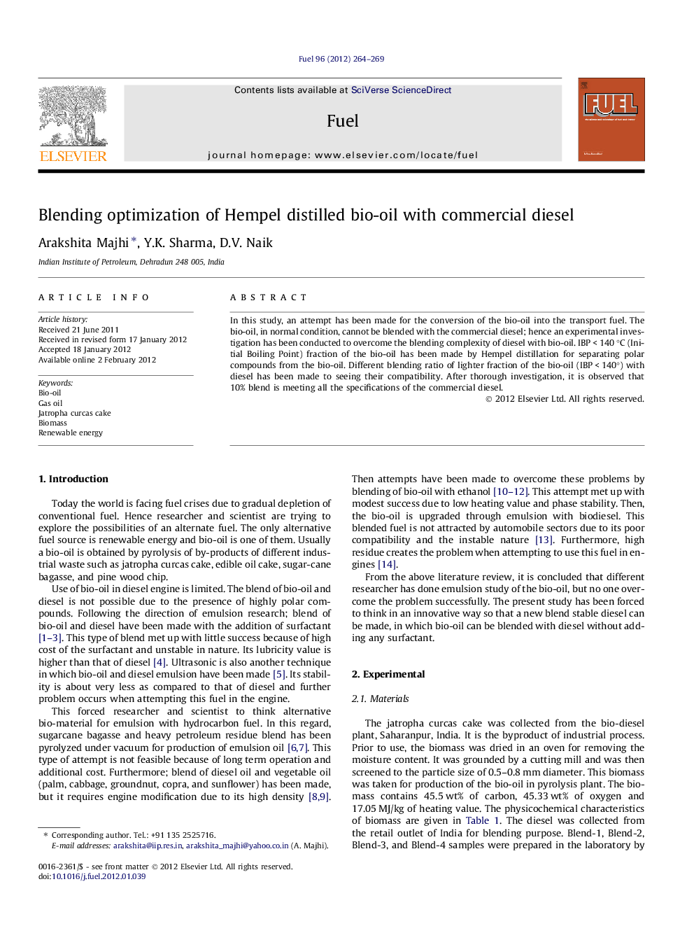 Blending optimization of Hempel distilled bio-oil with commercial diesel