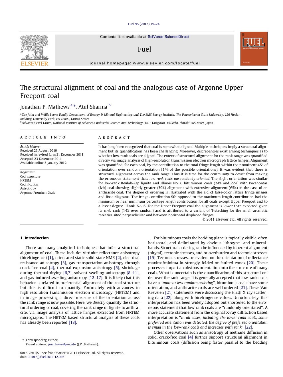 The structural alignment of coal and the analogous case of Argonne Upper Freeport coal