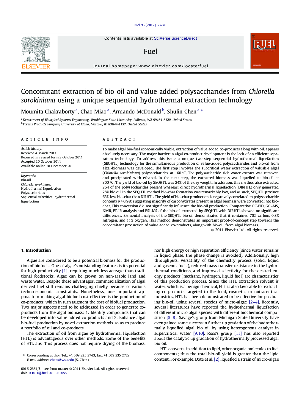 Concomitant extraction of bio-oil and value added polysaccharides from Chlorella sorokiniana using a unique sequential hydrothermal extraction technology