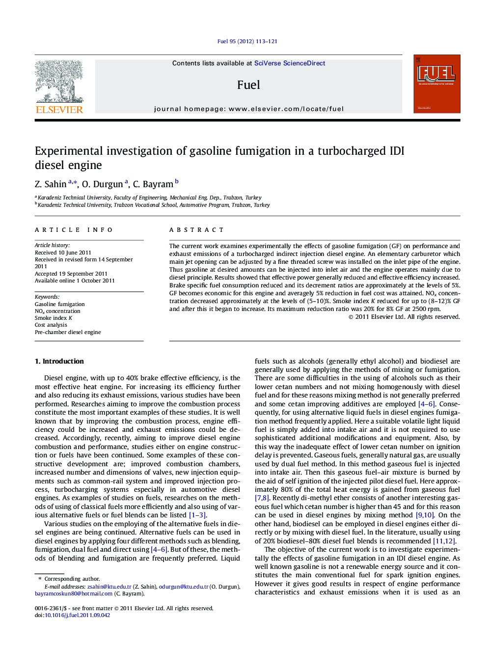 Experimental investigation of gasoline fumigation in a turbocharged IDI diesel engine