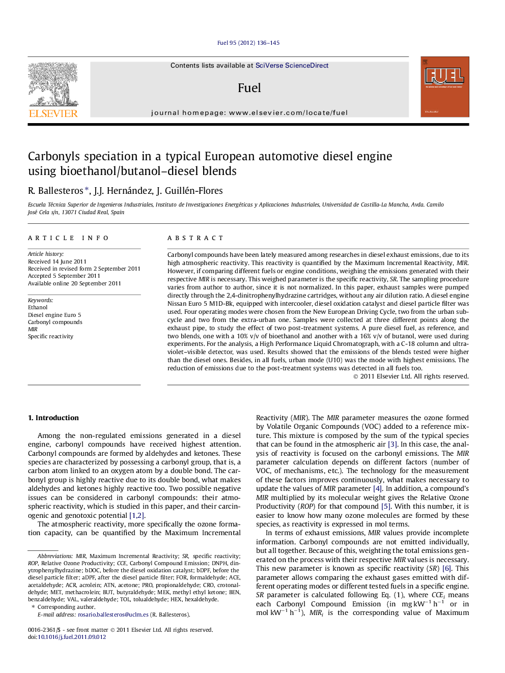 Carbonyls speciation in a typical European automotive diesel engine using bioethanol/butanol-diesel blends