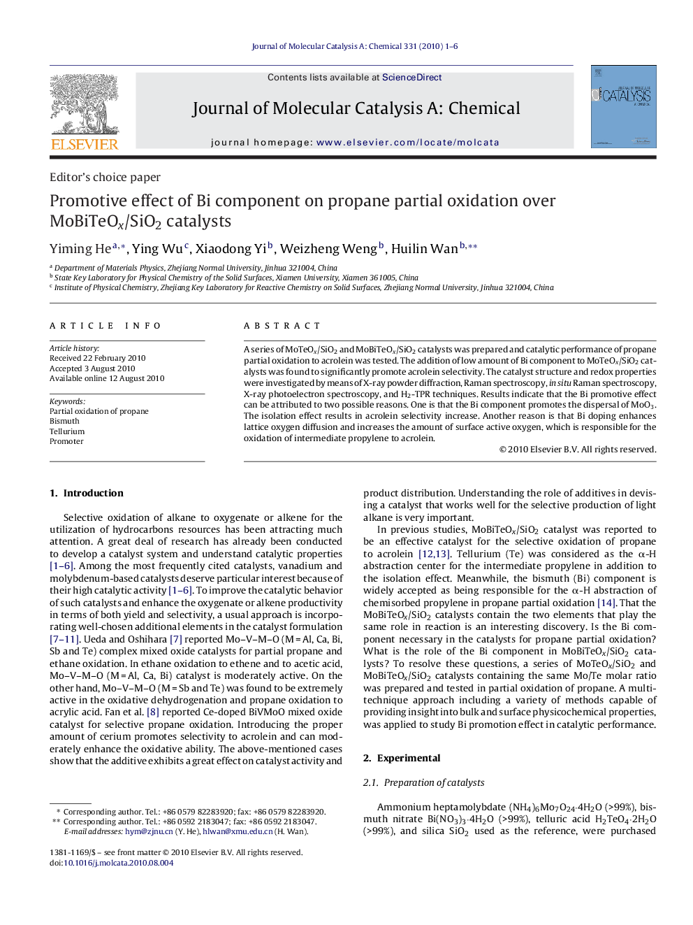 Promotive effect of Bi component on propane partial oxidation over MoBiTeOx/SiO2 catalysts