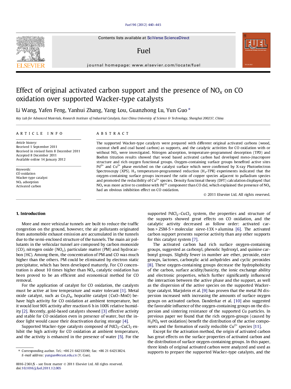 Effect of original activated carbon support and the presence of NOx on CO oxidation over supported Wacker-type catalysts