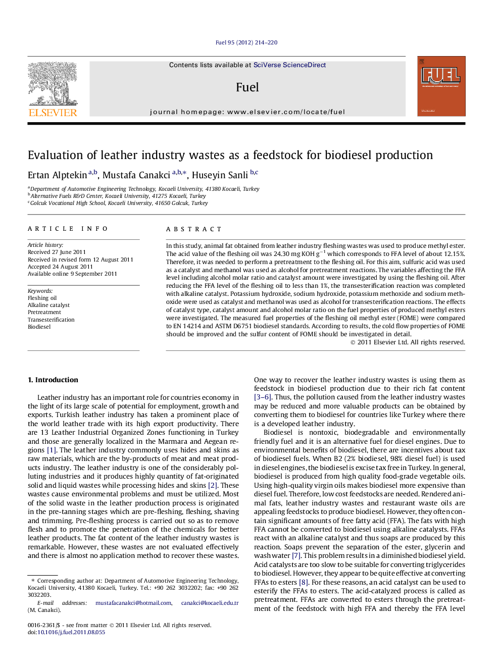 Evaluation of leather industry wastes as a feedstock for biodiesel production