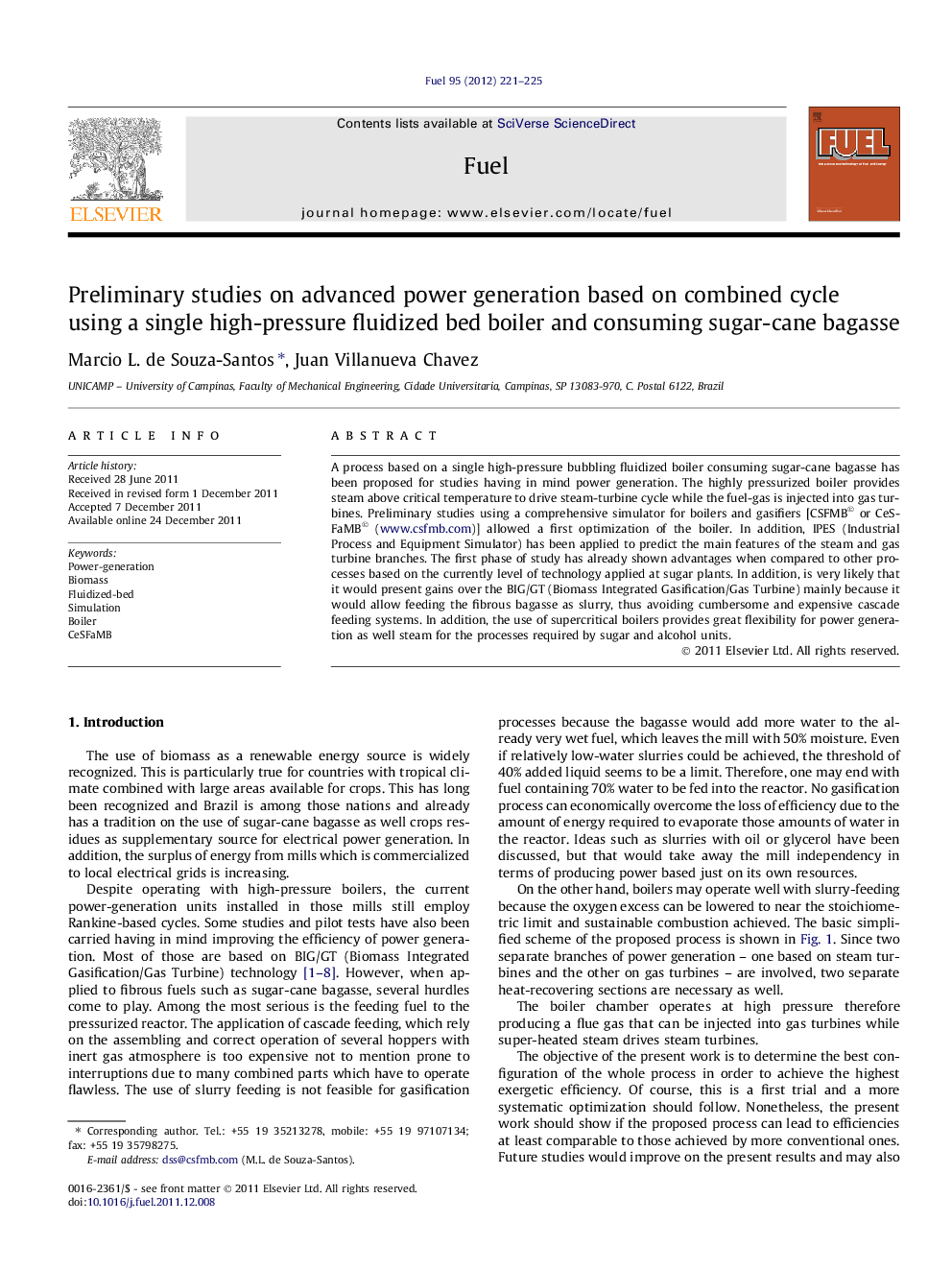 Preliminary studies on advanced power generation based on combined cycle using a single high-pressure fluidized bed boiler and consuming sugar-cane bagasse