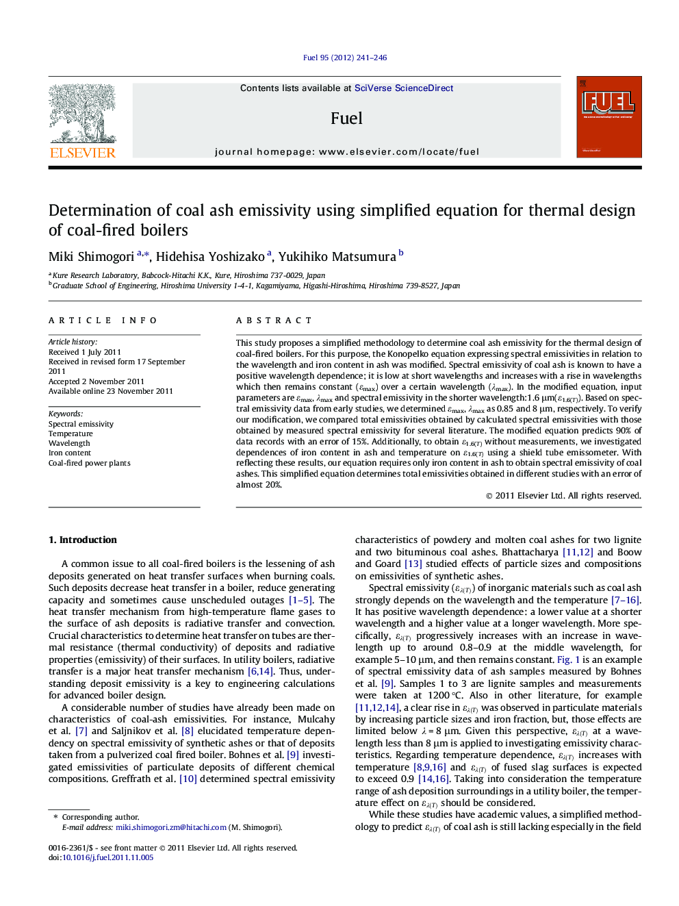 Determination of coal ash emissivity using simplified equation for thermal design of coal-fired boilers