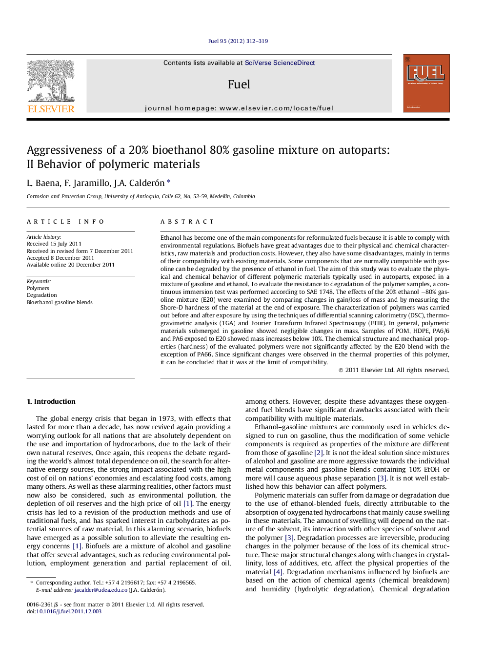 Aggressiveness of a 20% bioethanol 80% gasoline mixture on autoparts: II Behavior of polymeric materials