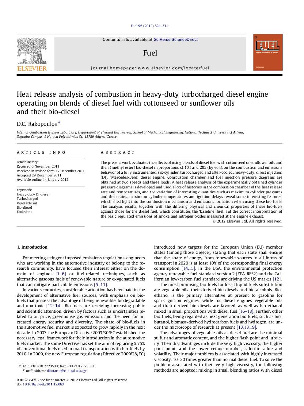 Heat release analysis of combustion in heavy-duty turbocharged diesel engine operating on blends of diesel fuel with cottonseed or sunflower oils and their bio-diesel