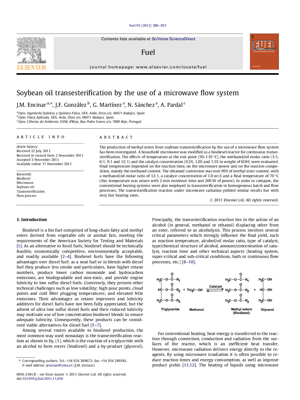 Soybean oil transesterification by the use of a microwave flow system