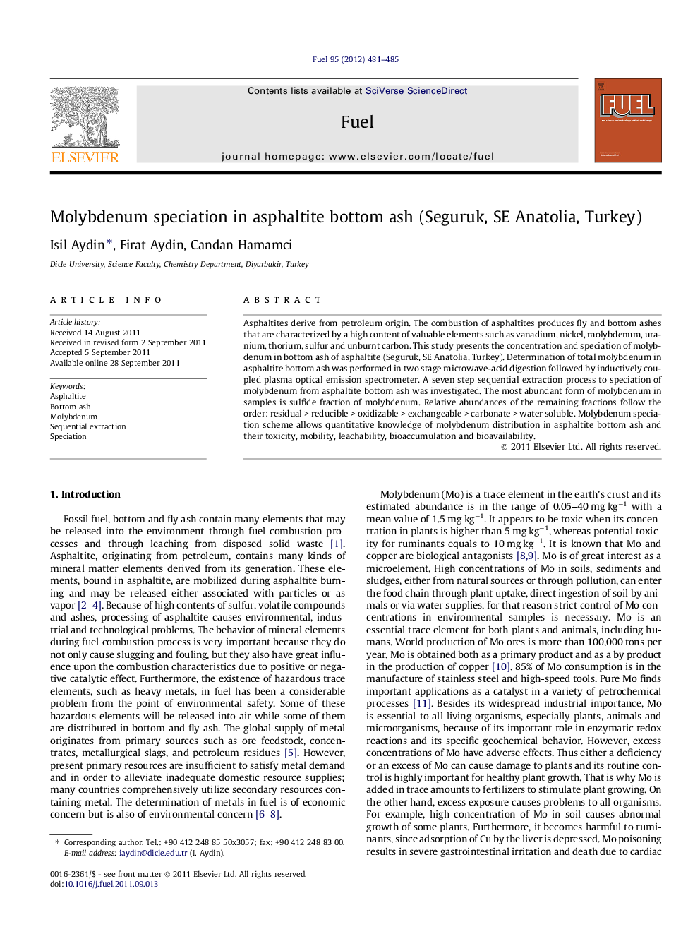 Molybdenum speciation in asphaltite bottom ash (Seguruk, SE Anatolia, Turkey)