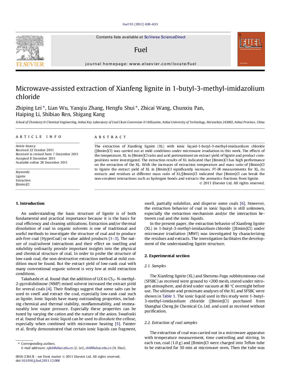 Microwave-assisted extraction of Xianfeng lignite in 1-butyl-3-methyl-imidazolium chloride