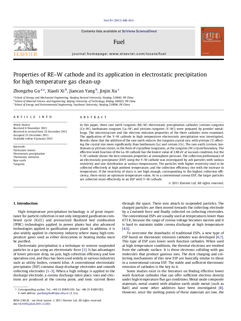 Properties of RE-W cathode and its application in electrostatic precipitation for high temperature gas clean-up