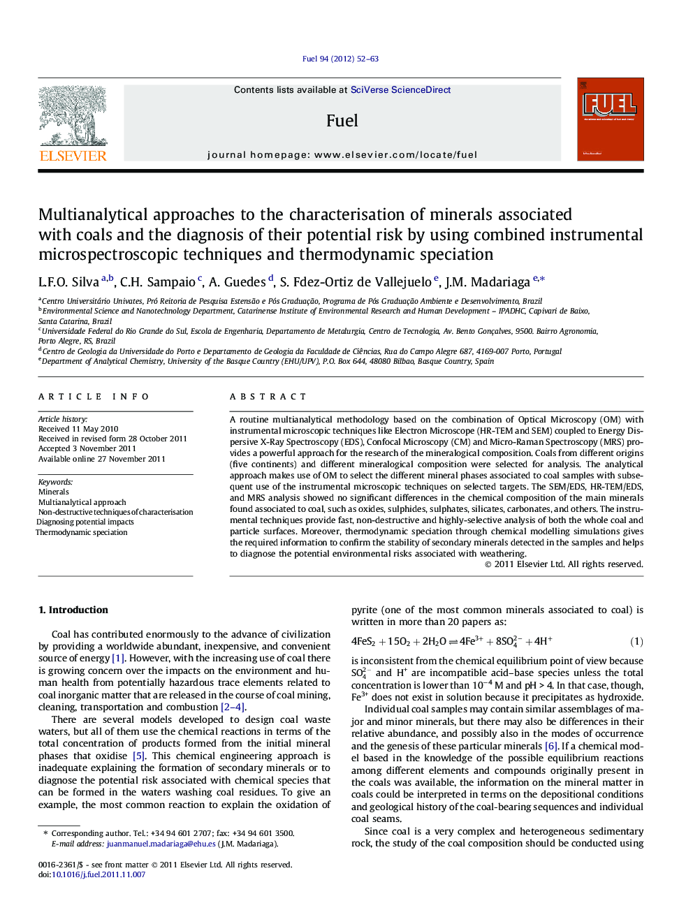 Multianalytical approaches to the characterisation of minerals associated with coals and the diagnosis of their potential risk by using combined instrumental microspectroscopic techniques and thermodynamic speciation