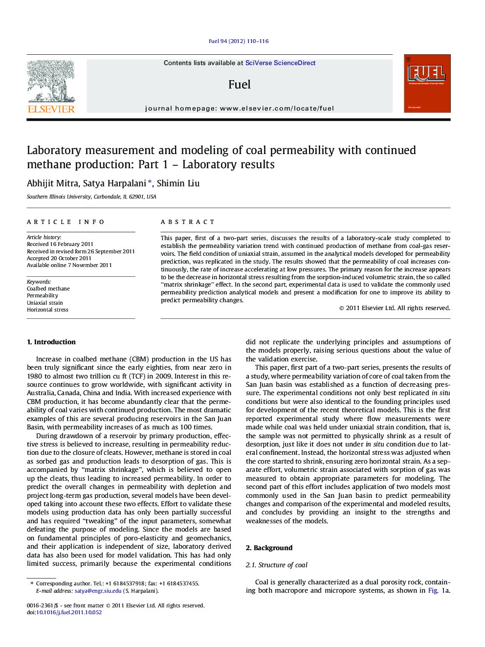 Laboratory measurement and modeling of coal permeability with continued methane production: Part 1 - Laboratory results