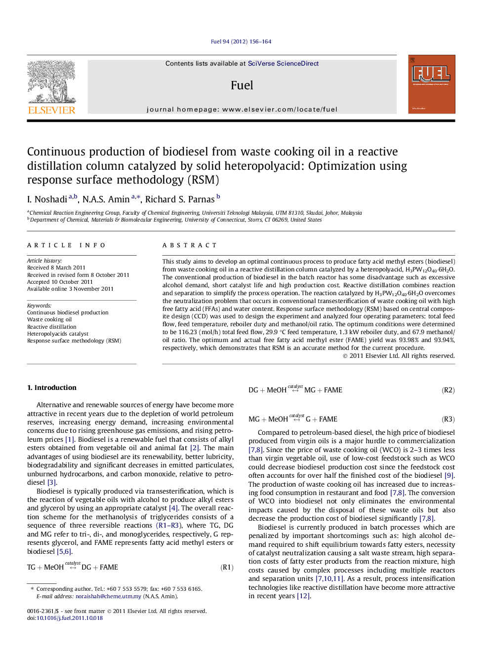 Continuous production of biodiesel from waste cooking oil in a reactive distillation column catalyzed by solid heteropolyacid: Optimization using response surface methodology (RSM)