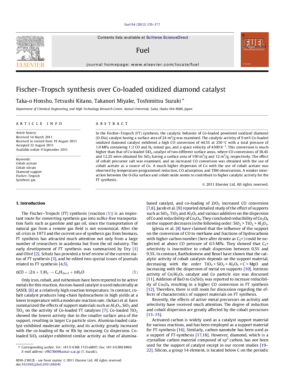 Fischer-Tropsch synthesis over Co-loaded oxidized diamond catalyst