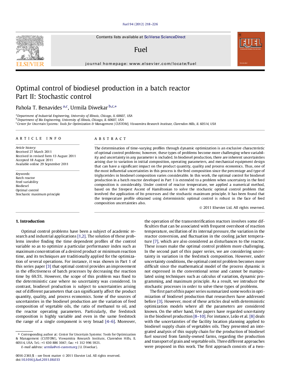 Optimal control of biodiesel production in a batch reactor