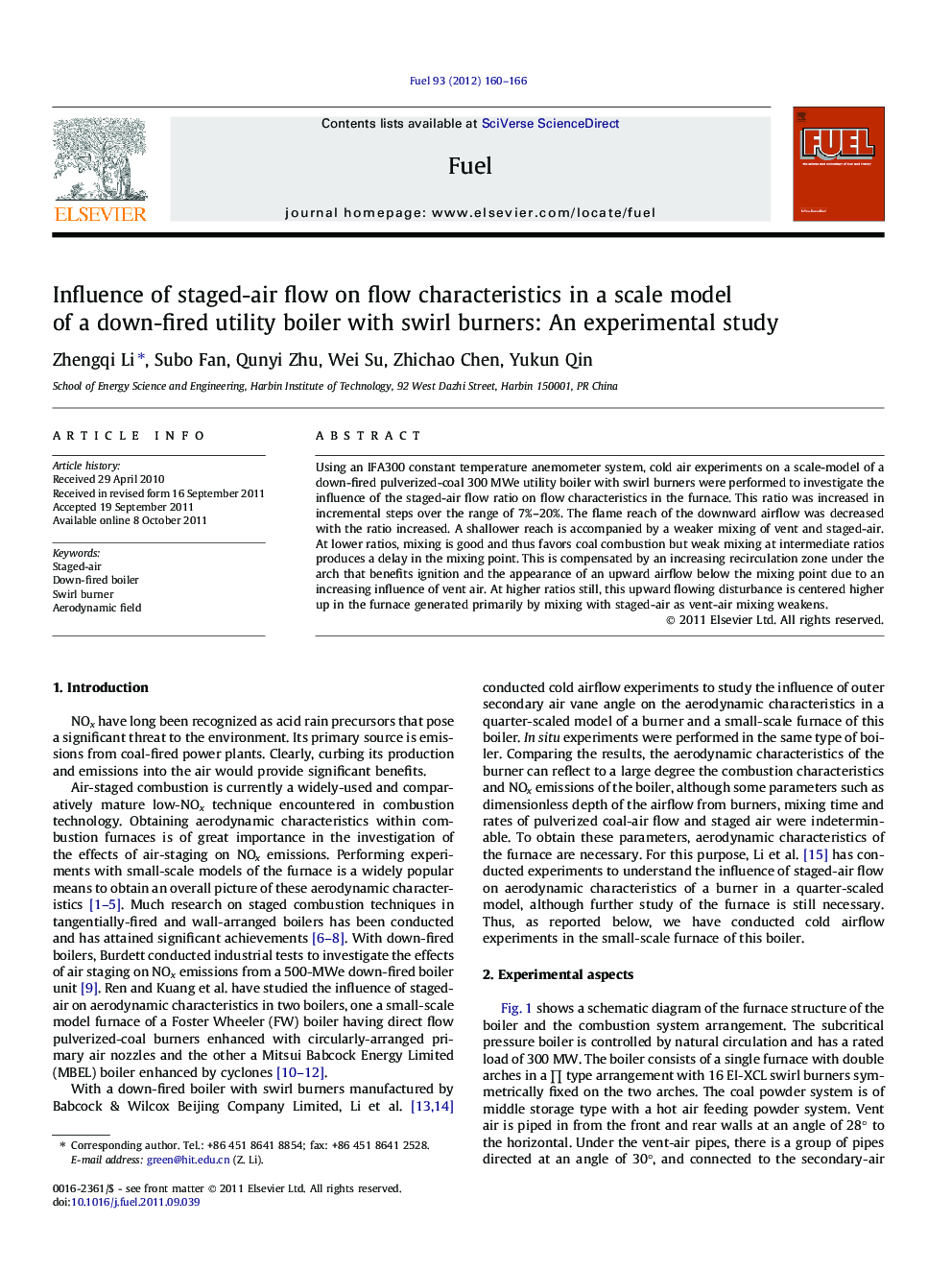 Influence of staged-air flow on flow characteristics in a scale model of a down-fired utility boiler with swirl burners: An experimental study