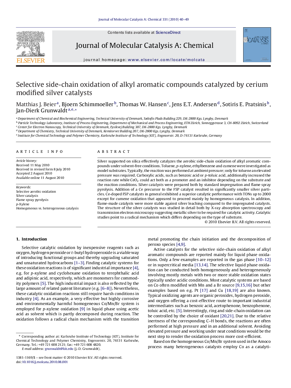 Selective side-chain oxidation of alkyl aromatic compounds catalyzed by cerium modified silver catalysts