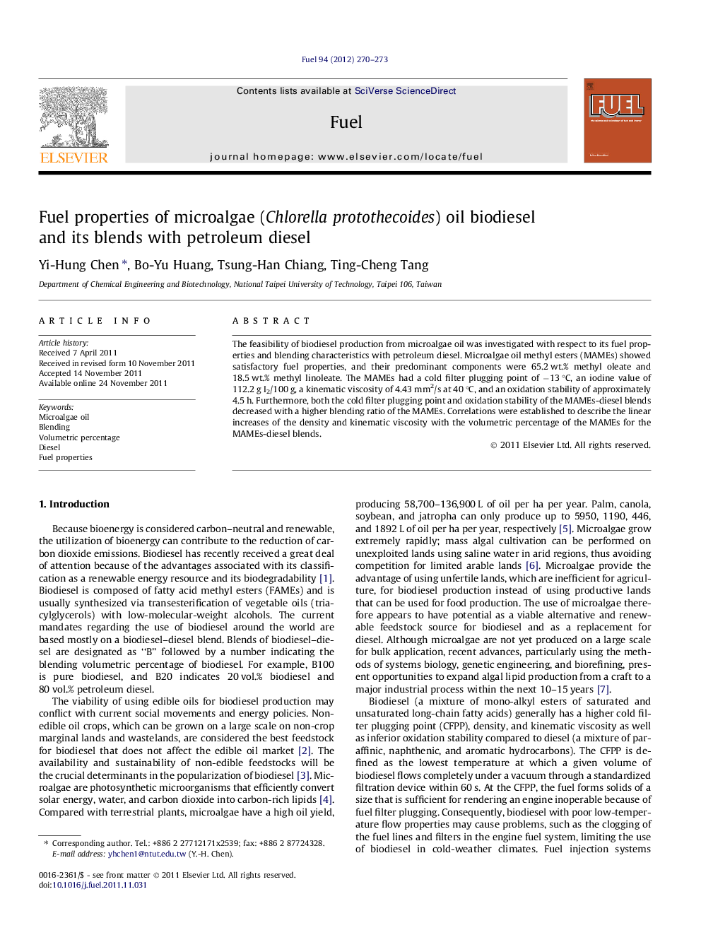 Fuel properties of microalgae (Chlorella protothecoides) oil biodiesel and its blends with petroleum diesel