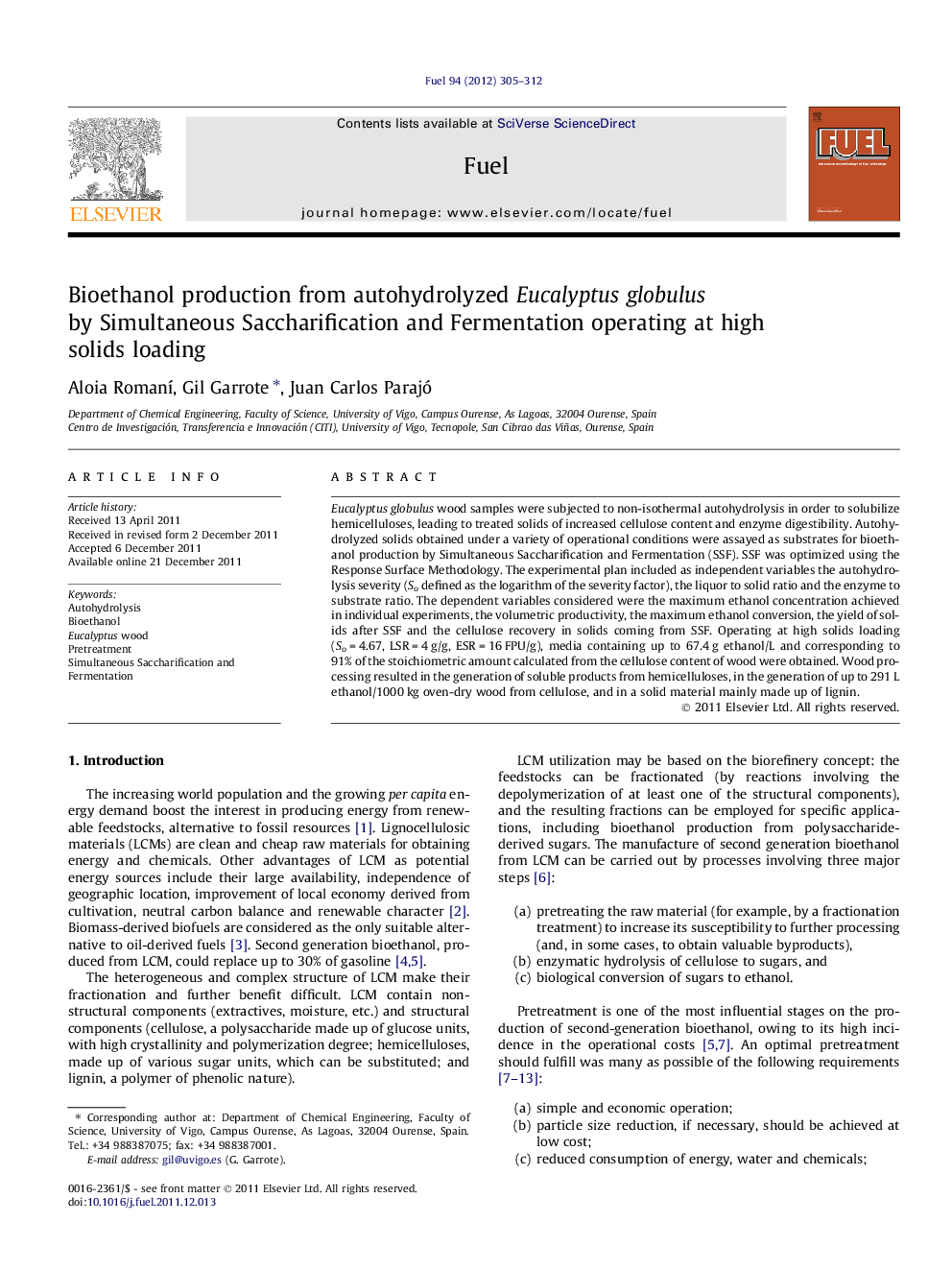 Bioethanol production from autohydrolyzed Eucalyptus globulus by Simultaneous Saccharification and Fermentation operating at high solids loading