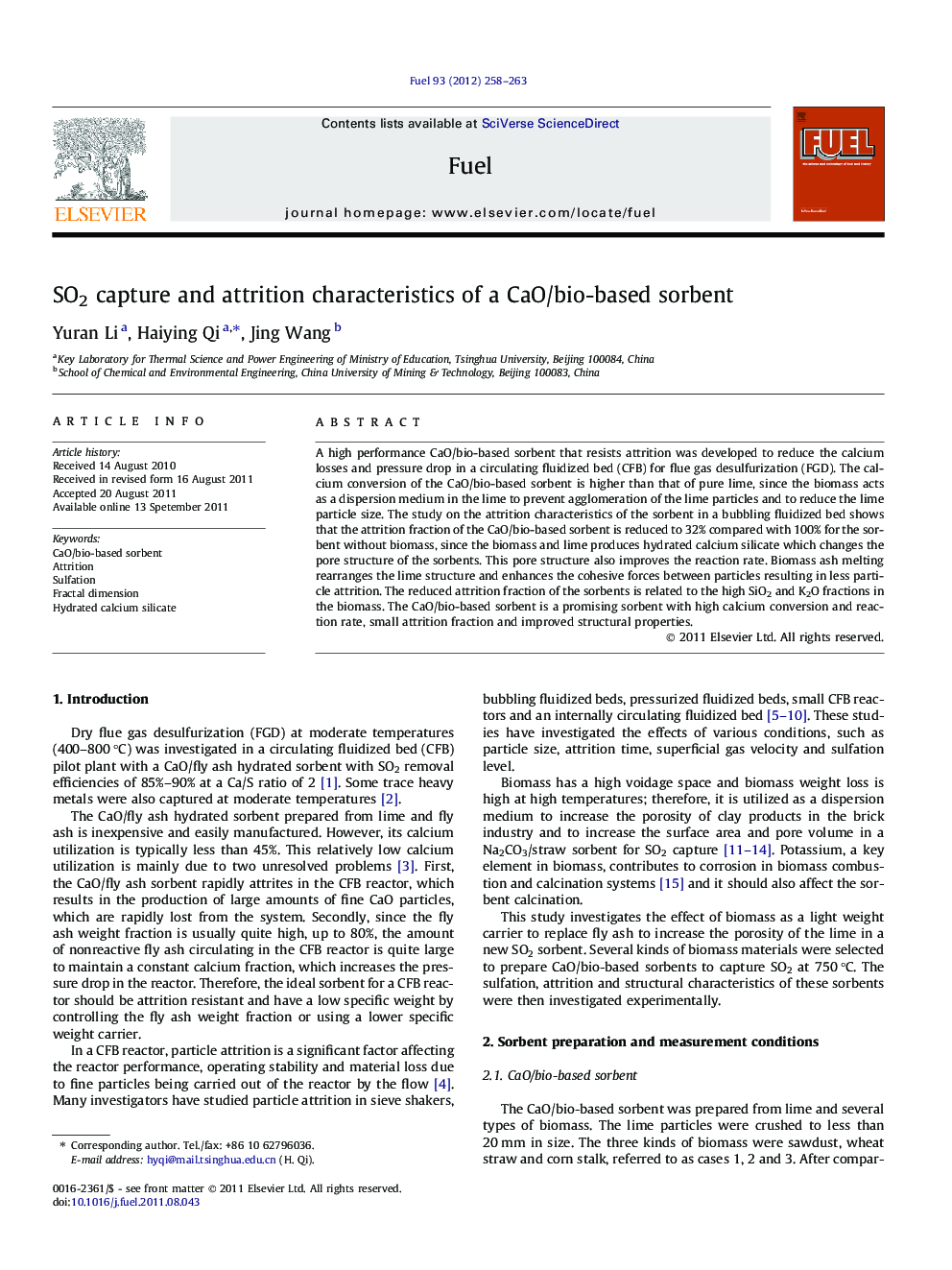 SO2 capture and attrition characteristics of a CaO/bio-based sorbent