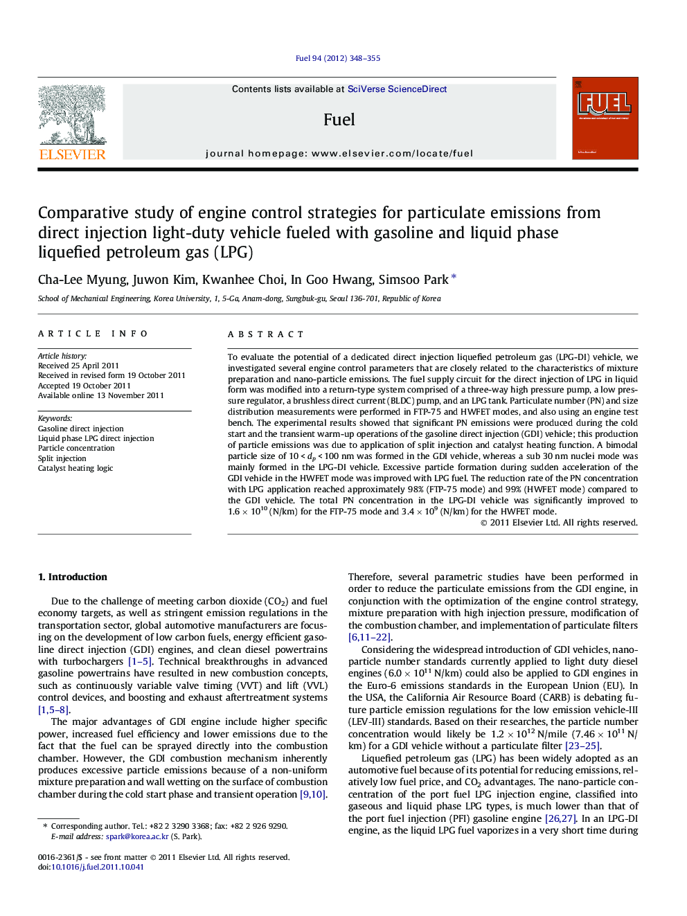 Comparative study of engine control strategies for particulate emissions from direct injection light-duty vehicle fueled with gasoline and liquid phase liquefied petroleum gas (LPG)