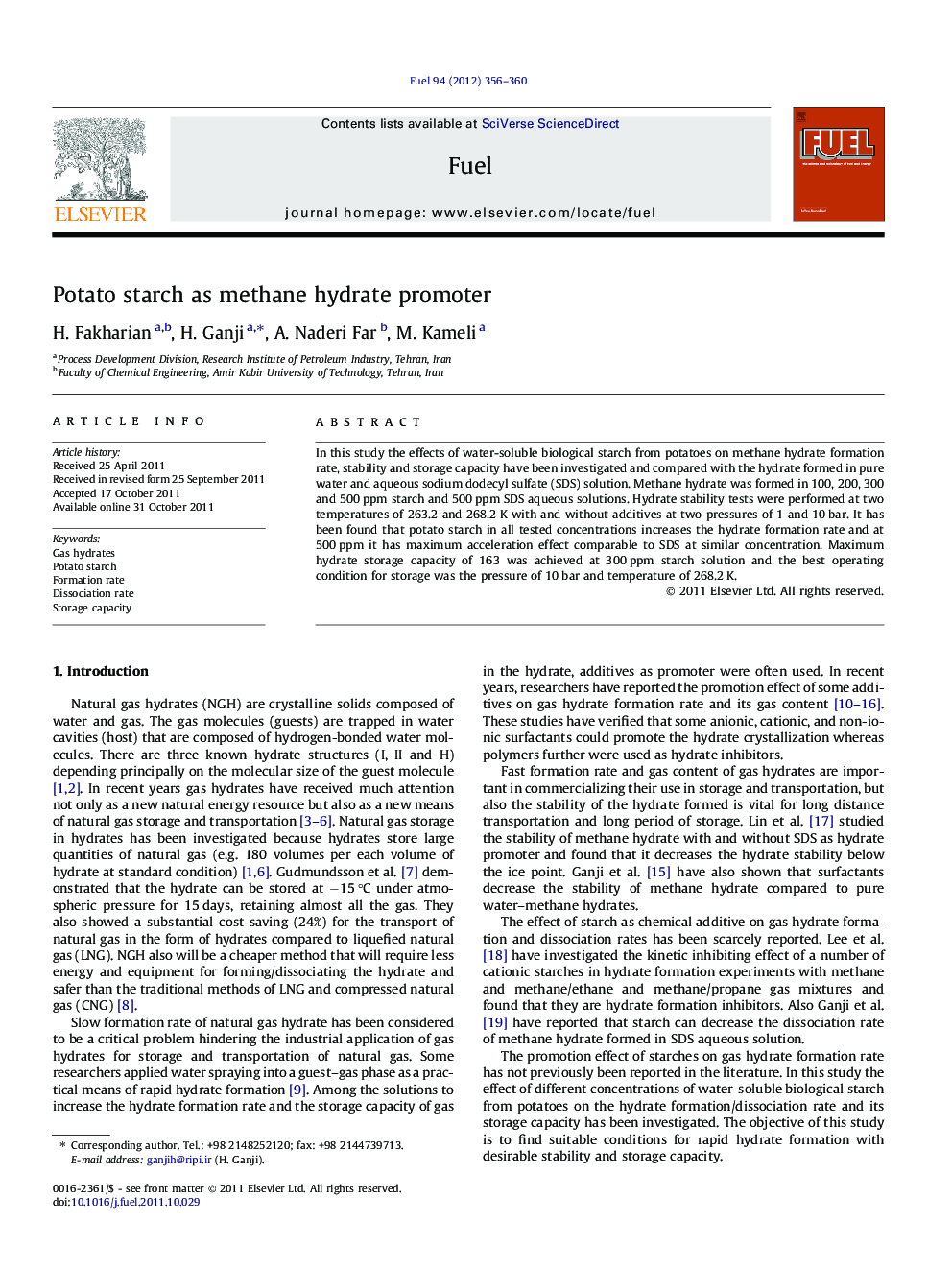 Potato starch as methane hydrate promoter