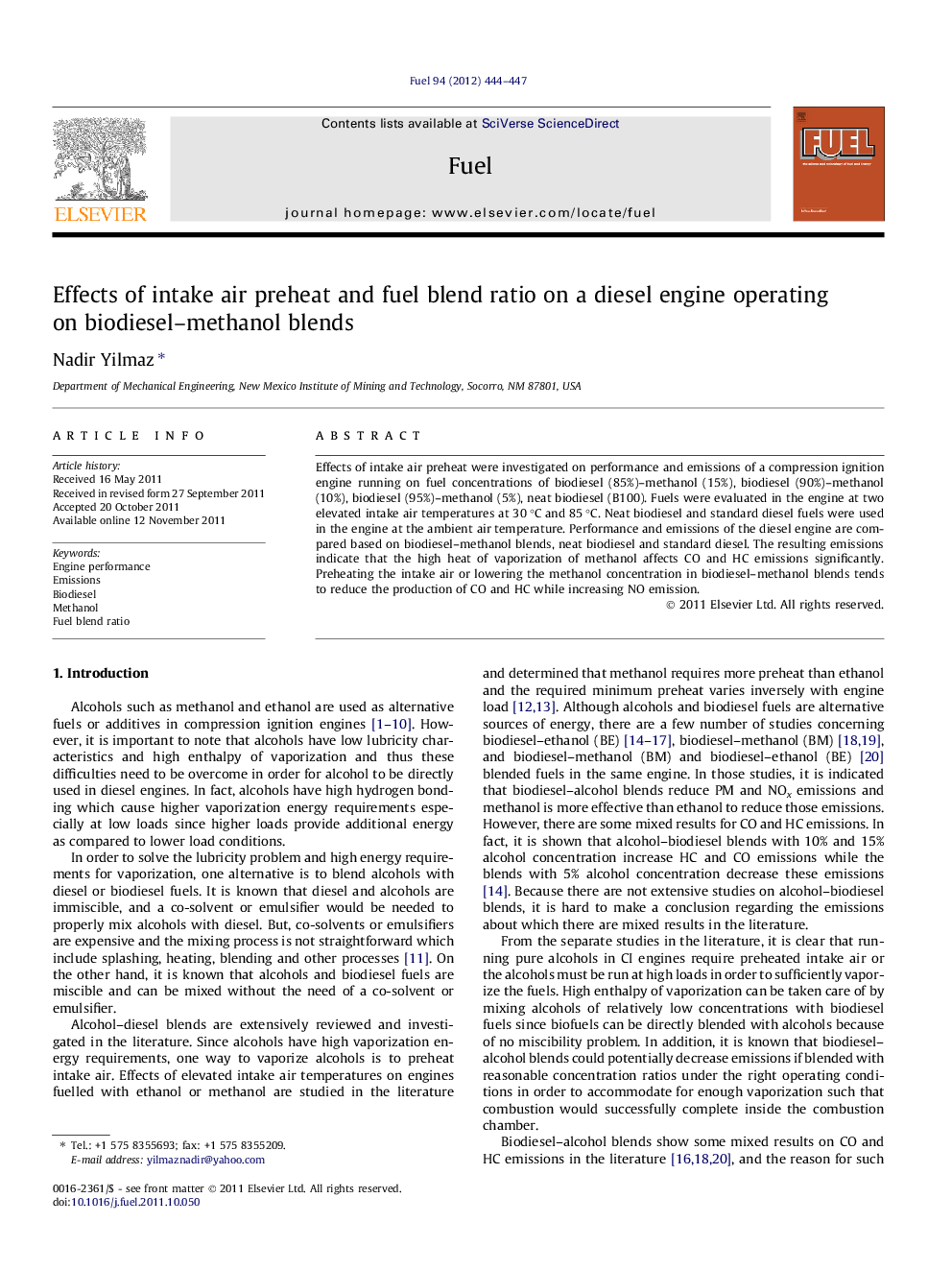 Effects of intake air preheat and fuel blend ratio on a diesel engine operating on biodiesel-methanol blends