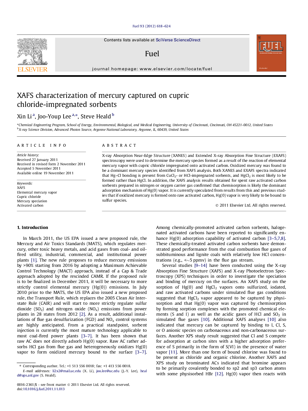 XAFS characterization of mercury captured on cupric chloride-impregnated sorbents