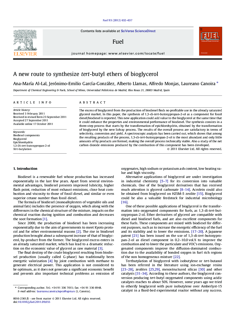 A new route to synthesize tert-butyl ethers of bioglycerol