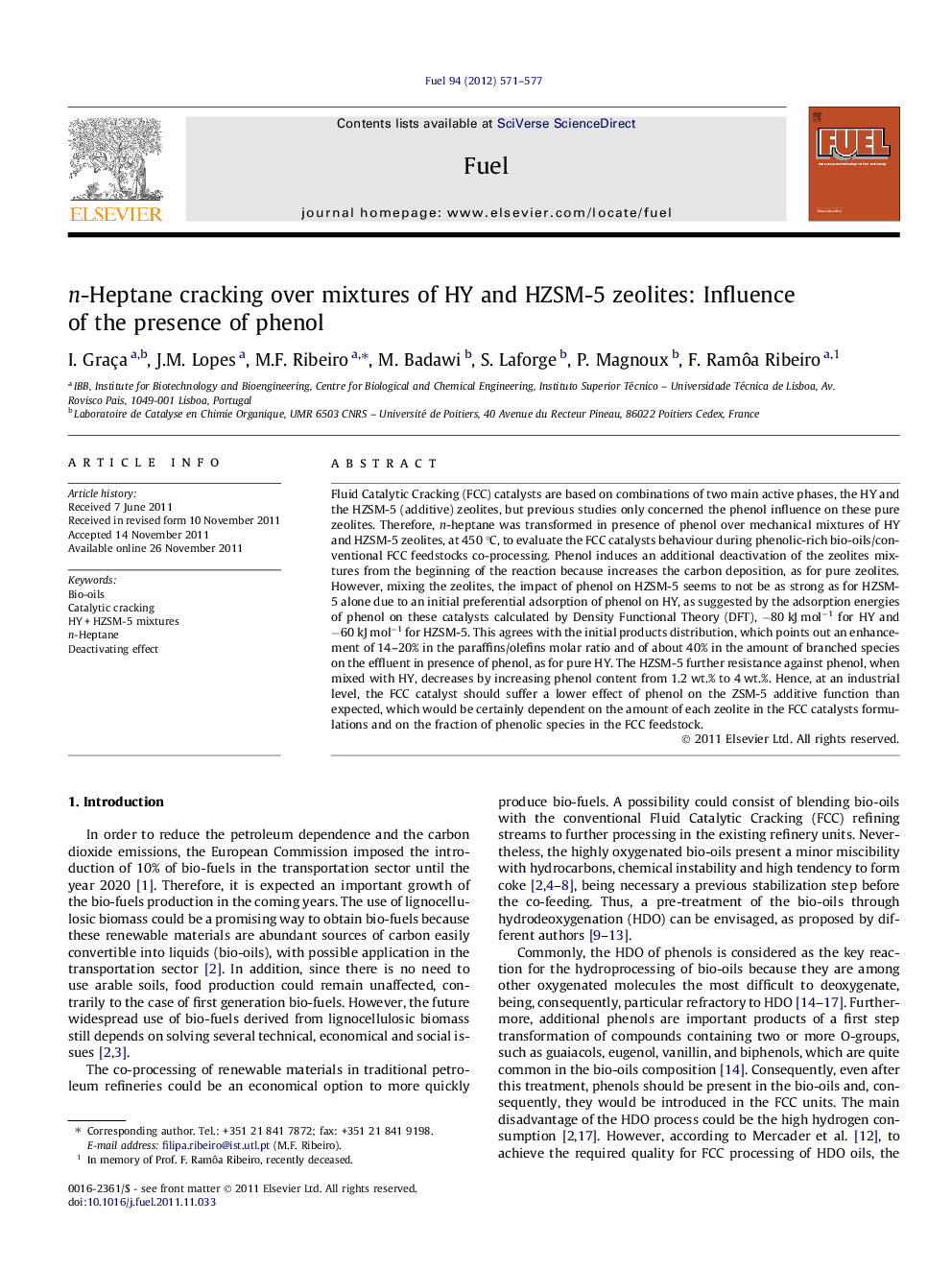 n-Heptane cracking over mixtures of HY and HZSM-5 zeolites: Influence of the presence of phenol