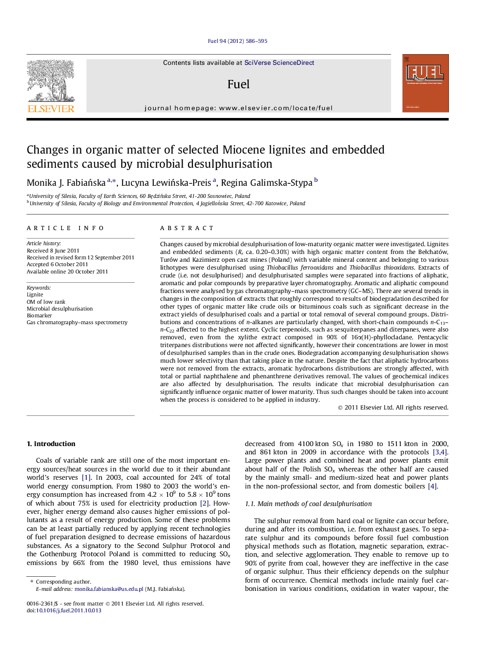 Changes in organic matter of selected Miocene lignites and embedded sediments caused by microbial desulphurisation