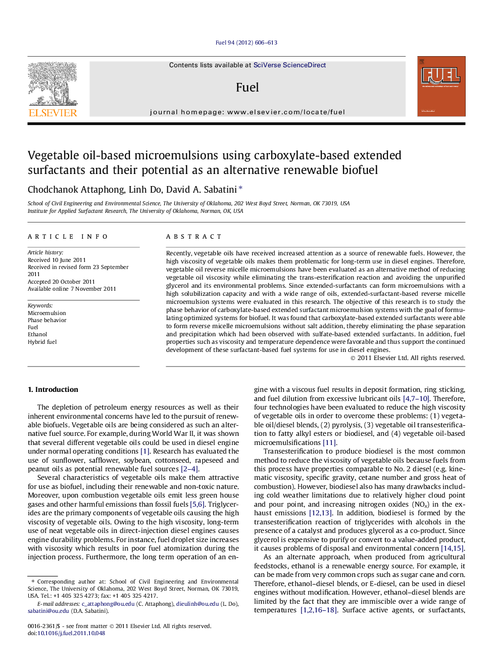 Vegetable oil-based microemulsions using carboxylate-based extended surfactants and their potential as an alternative renewable biofuel