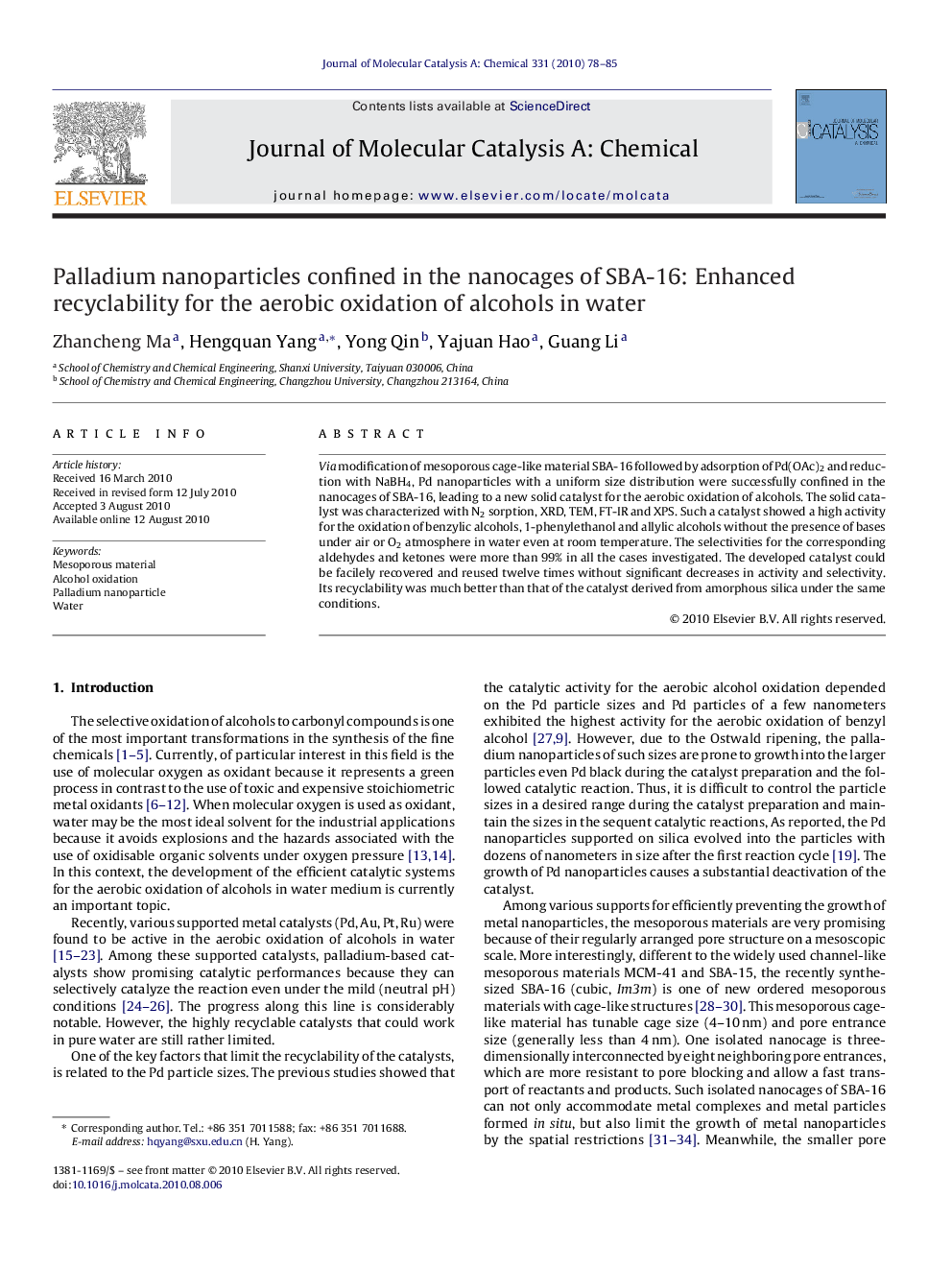 Palladium nanoparticles confined in the nanocages of SBA-16: Enhanced recyclability for the aerobic oxidation of alcohols in water