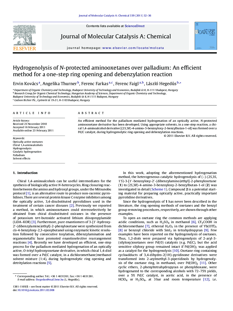 عکس صفحه اول مقاله: Hydrogenolysis of N-protected aminooxetanes over palladium: An efficient method for a one-step ring opening and debenzylation reaction Hydrogenolysis of N-protected aminooxetanes over palladium: An efficient method for a one-step ring opening and debenzylation reaction