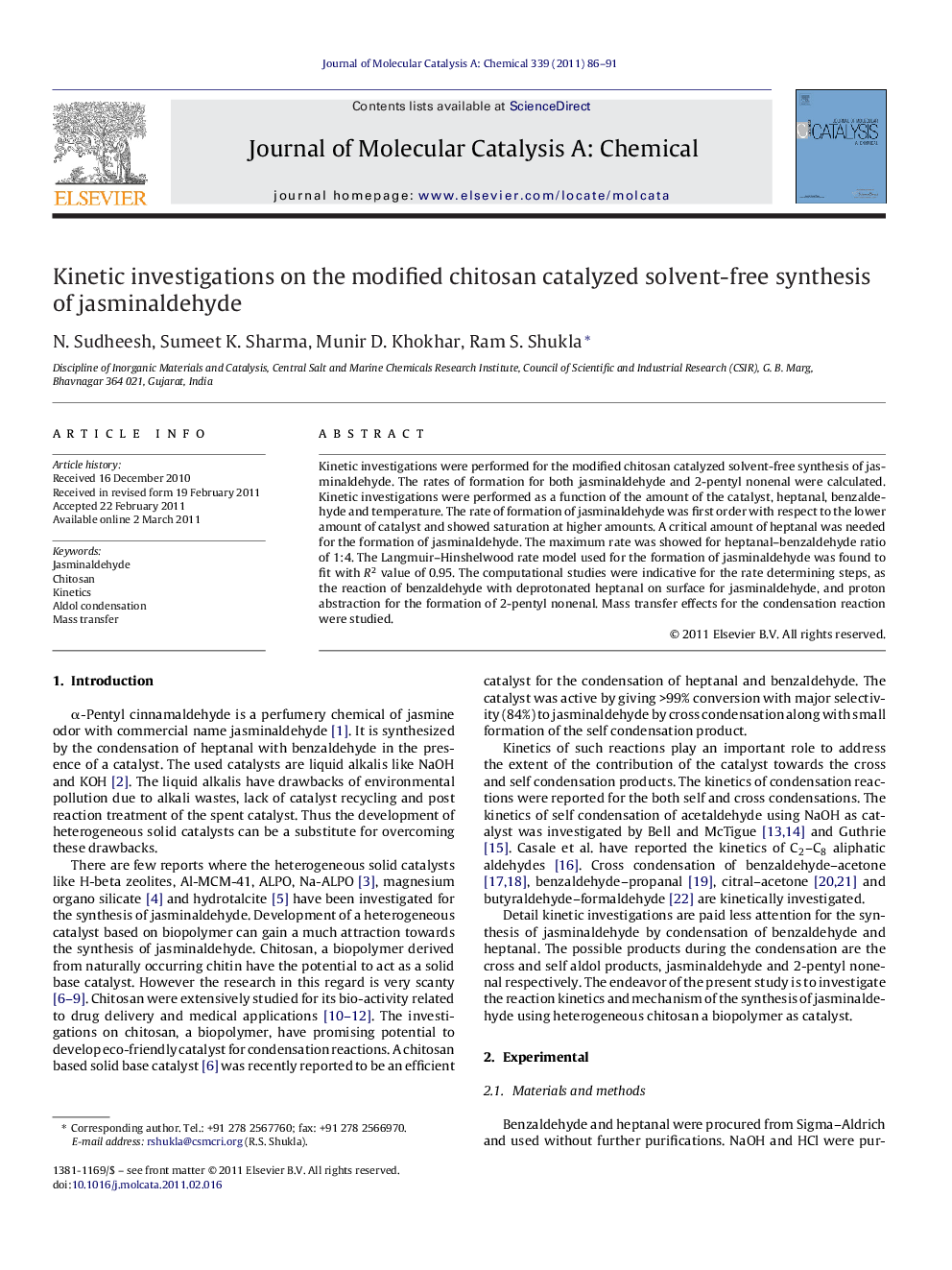 Kinetic investigations on the modified chitosan catalyzed solvent-free synthesis of jasminaldehyde