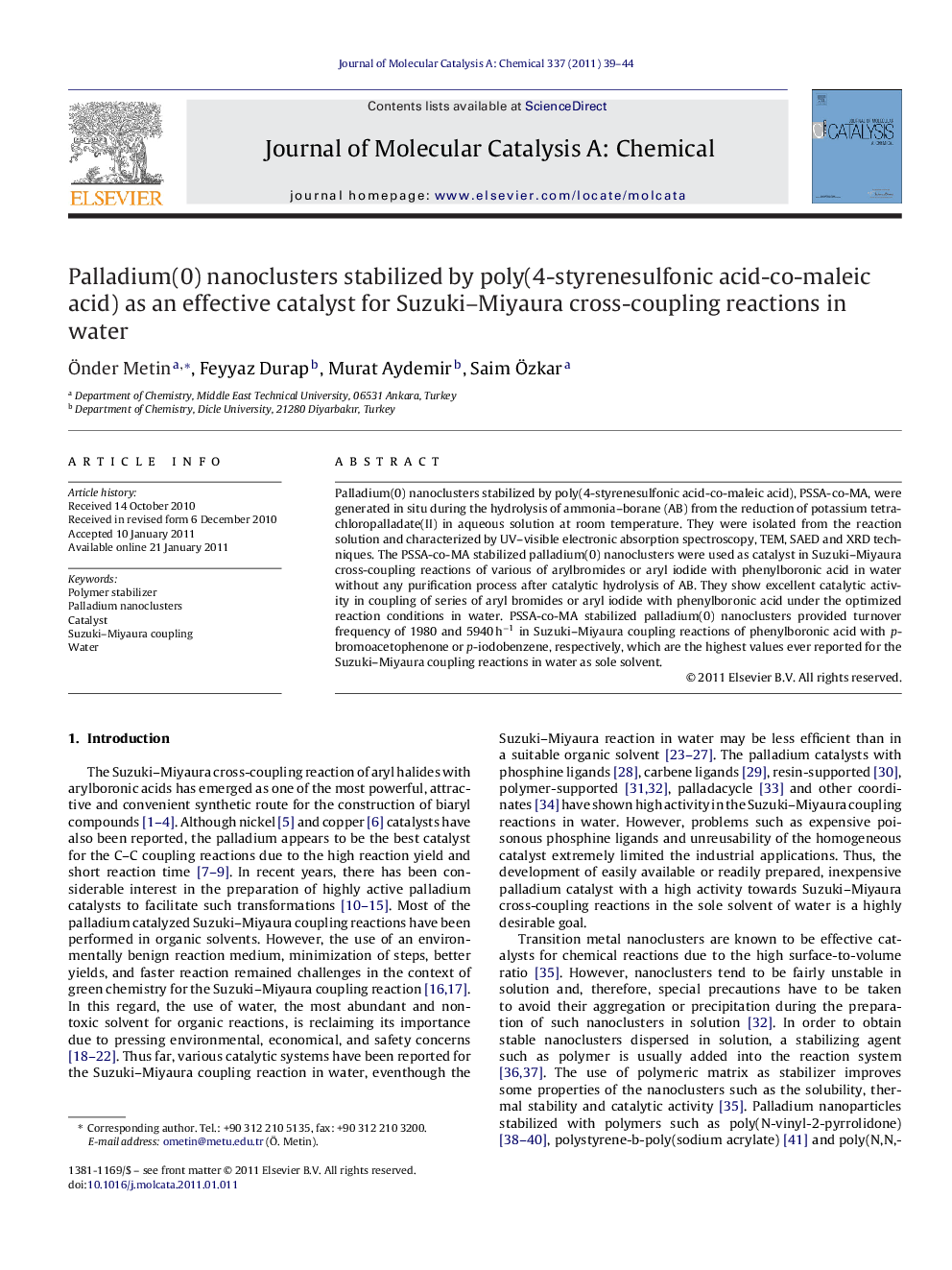 Palladium(0) nanoclusters stabilized by poly(4-styrenesulfonic acid-co-maleic acid) as an effective catalyst for Suzuki–Miyaura cross-coupling reactions in water