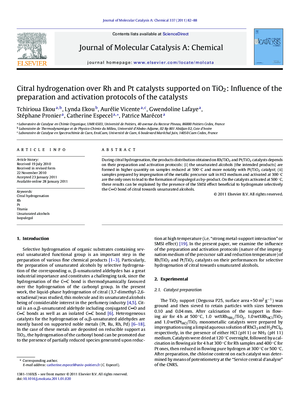 Citral hydrogenation over Rh and Pt catalysts supported on TiO2: Influence of the preparation and activation protocols of the catalysts