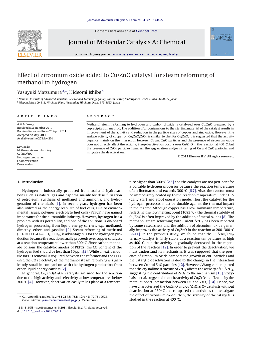 Effect of zirconium oxide added to Cu/ZnO catalyst for steam reforming of methanol to hydrogen