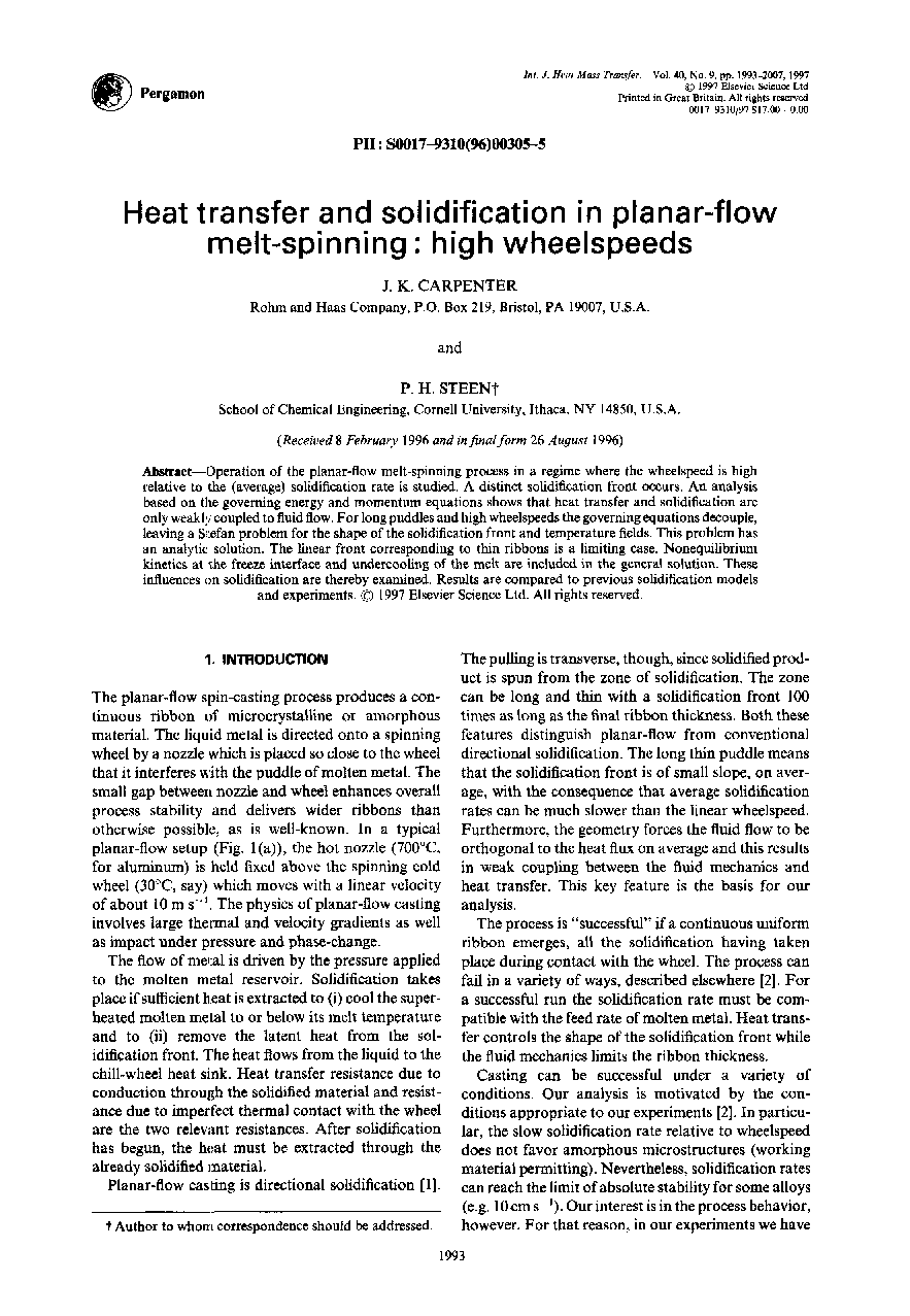 Heat transfer and solidification in planar-flow melt-spinning: high wheelspeeds