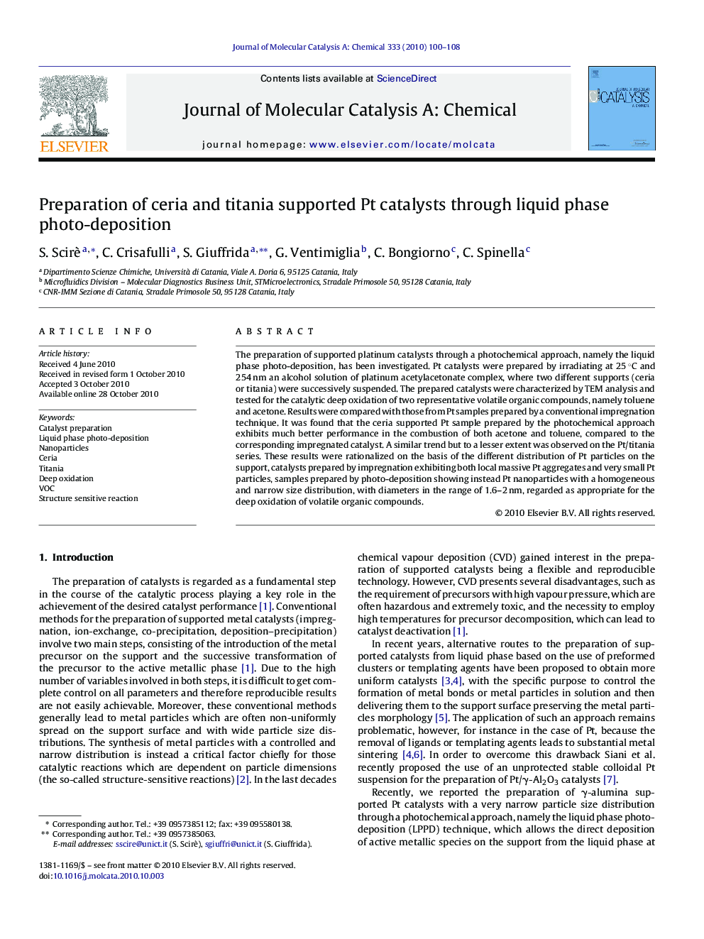 Preparation of ceria and titania supported Pt catalysts through liquid phase photo-deposition